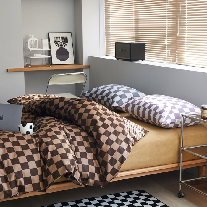 91家纺网 家纺一手货源 找家纺 怡家居 2022新款全棉棋盘格混搭四件套 棋盘格咖棕