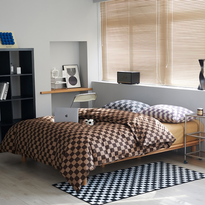 91家纺网 家纺一手货源 找家纺 怡家居 2022新款全棉棋盘格混搭四件套 棋盘格咖棕