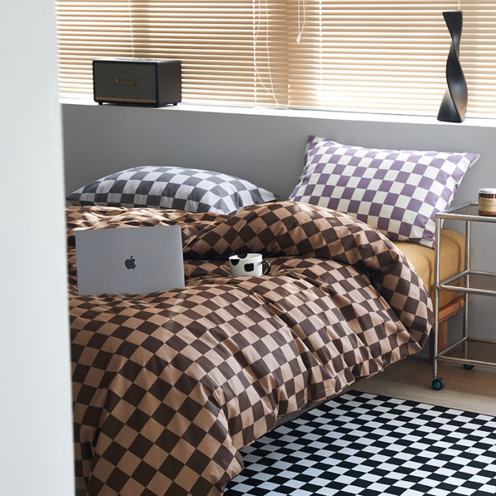 91家纺网 家纺一手货源 找家纺 怡家居 2022新款全棉棋盘格混搭四件套 棋盘格咖棕
