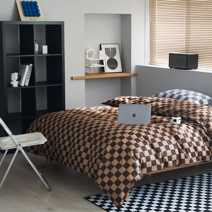 91家纺网 家纺一手货源 找家纺 怡家居 2022新款全棉棋盘格混搭四件套 棋盘格咖棕
