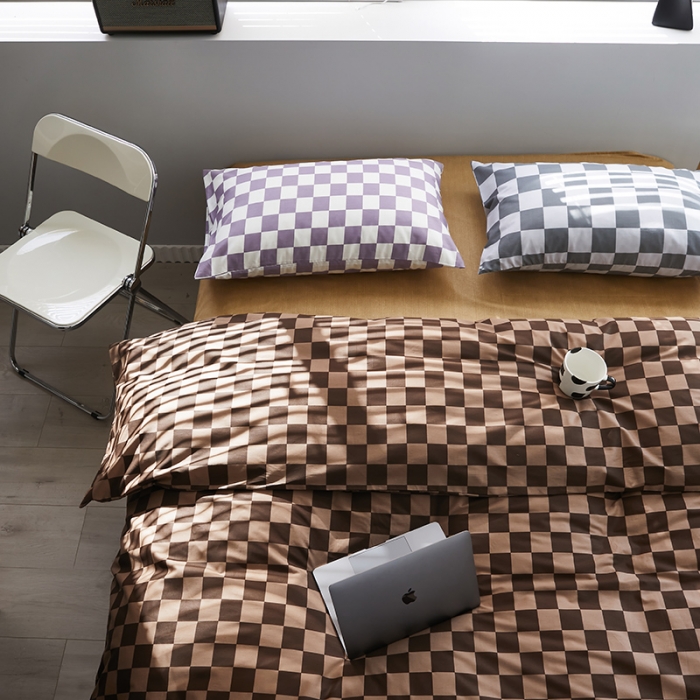 91家纺网 家纺一手货源 找家纺 怡家居 2022新款全棉棋盘格混搭四件套 棋盘格咖棕