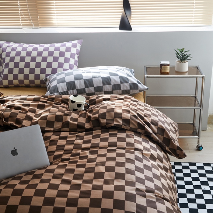 91家纺网 家纺一手货源 找家纺 怡家居 2022新款全棉棋盘格混搭四件套 棋盘格咖棕