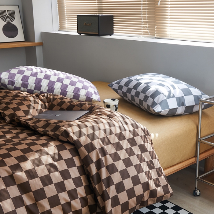 91家纺网 家纺一手货源 找家纺 怡家居 2022新款全棉棋盘格混搭四件套 棋盘格咖棕