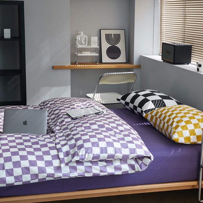 91家纺网 家纺一手货源 找家纺 怡家居 2022新款全棉棋盘格混搭四件套 棋盘格紫