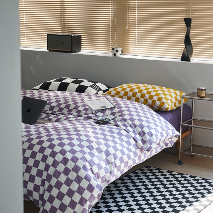 91家纺网 家纺一手货源 找家纺 怡家居 2022新款全棉棋盘格混搭四件套 棋盘格紫