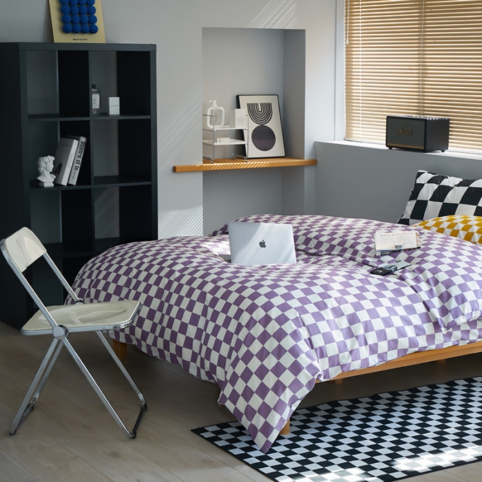 91家纺网 家纺一手货源 找家纺 怡家居 2022新款全棉棋盘格混搭四件套 棋盘格紫