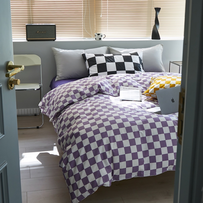 91家纺网 家纺一手货源 找家纺 怡家居 2022新款全棉棋盘格混搭四件套 棋盘格紫