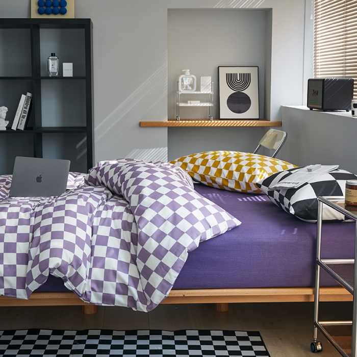 91家纺网 家纺一手货源 找家纺 怡家居 2022新款全棉棋盘格混搭四件套 棋盘格紫