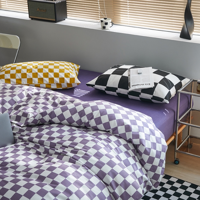 91家纺网 家纺一手货源 找家纺 怡家居 2022新款全棉棋盘格混搭四件套 棋盘格紫
