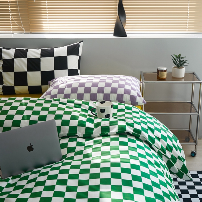 91家纺网 家纺一手货源 找家纺 怡家居 2022新款全棉棋盘格混搭四件套 棋盘绿格