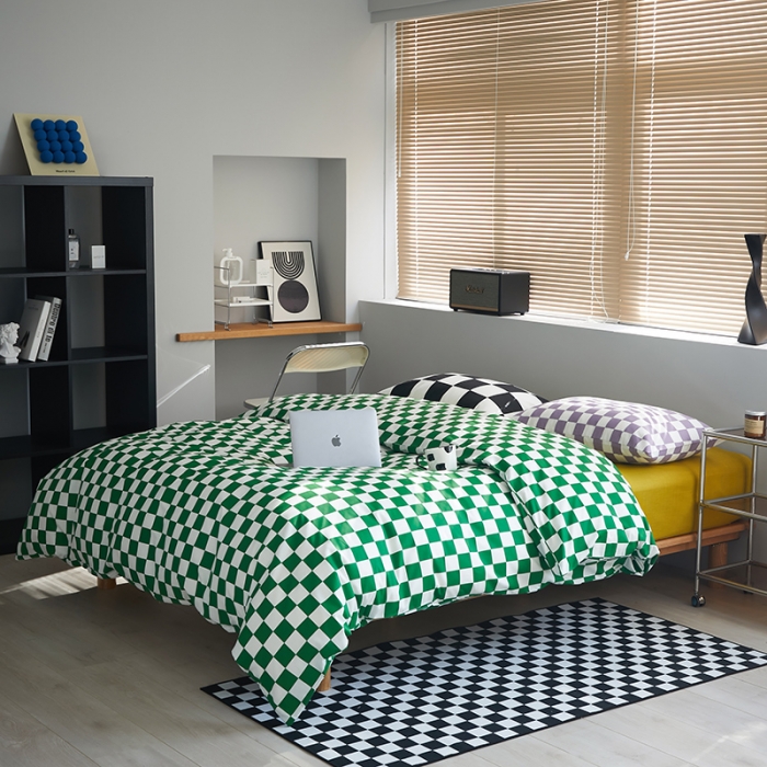 91家纺网 家纺一手货源 找家纺 怡家居 2022新款全棉棋盘格混搭四件套 棋盘绿格