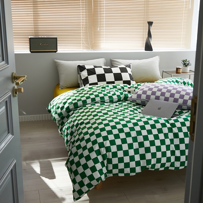 91家纺网 家纺一手货源 找家纺 怡家居 2022新款全棉棋盘格混搭四件套 棋盘绿格