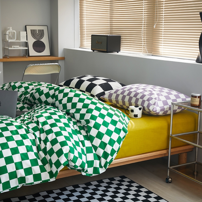 91家纺网 家纺一手货源 找家纺 怡家居 2022新款全棉棋盘格混搭四件套 棋盘绿格