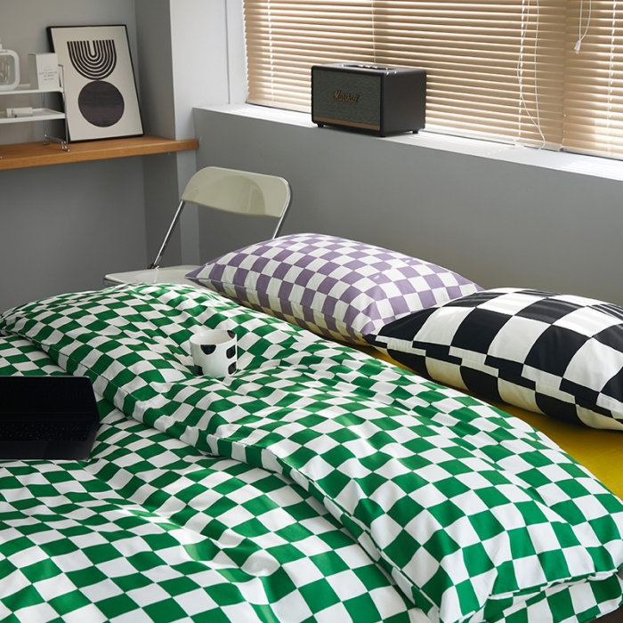 91家纺网 家纺一手货源 找家纺 怡家居 2022新款全棉棋盘格混搭四件套 棋盘绿格