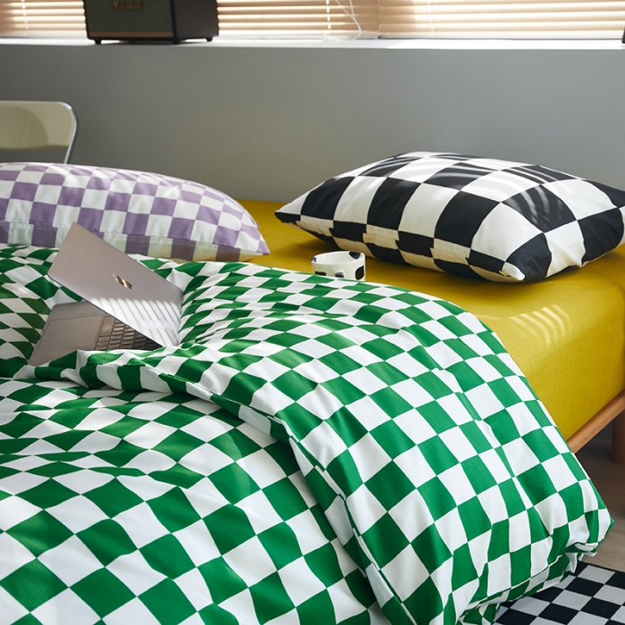 91家纺网 家纺一手货源 找家纺 怡家居 2022新款全棉棋盘格混搭四件套 棋盘绿格
