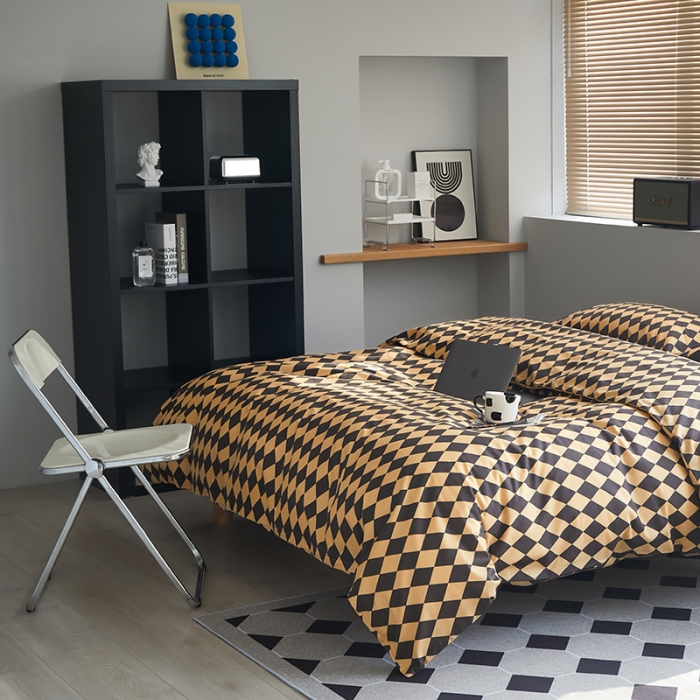 91家纺网 家纺一手货源 找家纺 怡家居 2022新款全棉棋盘格混搭四件套 菱格黑驼