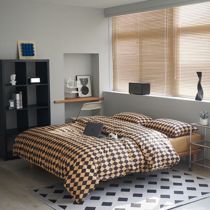 91家纺网 家纺一手货源 找家纺 怡家居 2022新款全棉棋盘格混搭四件套 菱格黑驼