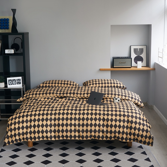 91家纺网 家纺一手货源 找家纺 怡家居 2022新款全棉棋盘格混搭四件套 菱格黑驼