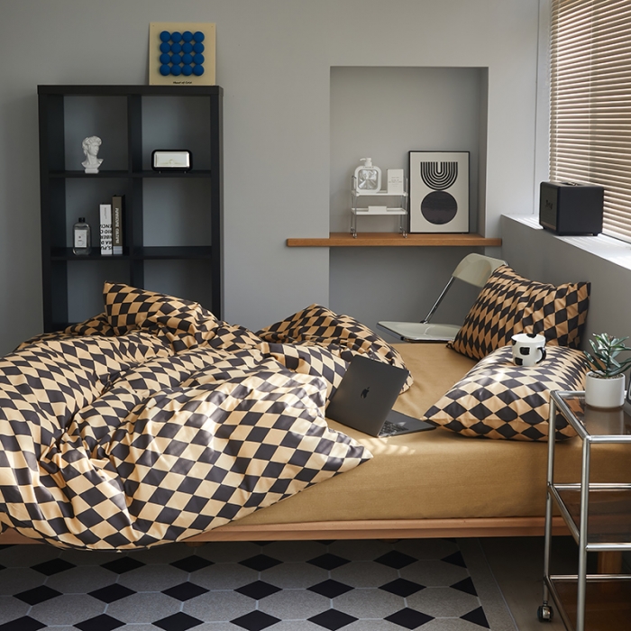 91家纺网 家纺一手货源 找家纺 怡家居 2022新款全棉棋盘格混搭四件套 菱格黑驼