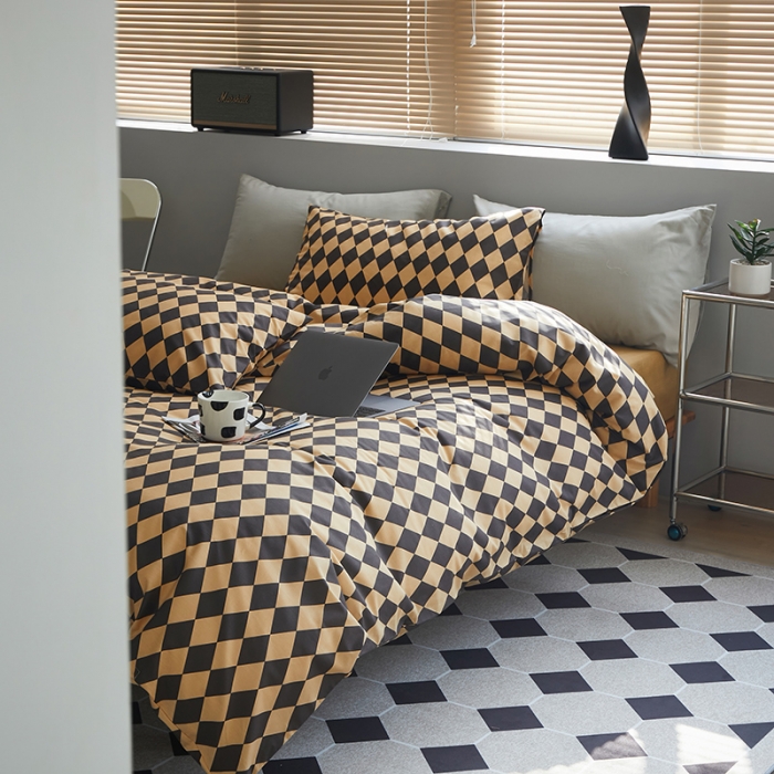 91家纺网 家纺一手货源 找家纺 怡家居 2022新款全棉棋盘格混搭四件套 菱格黑驼