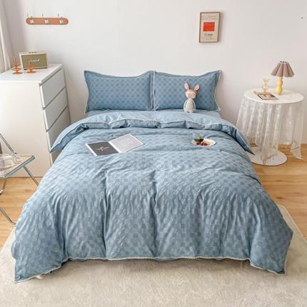 91家纺网 家纺一手货源 找家纺 娜娜 2022新款全棉水洗棉提花四件套 棋盘格-浅蓝