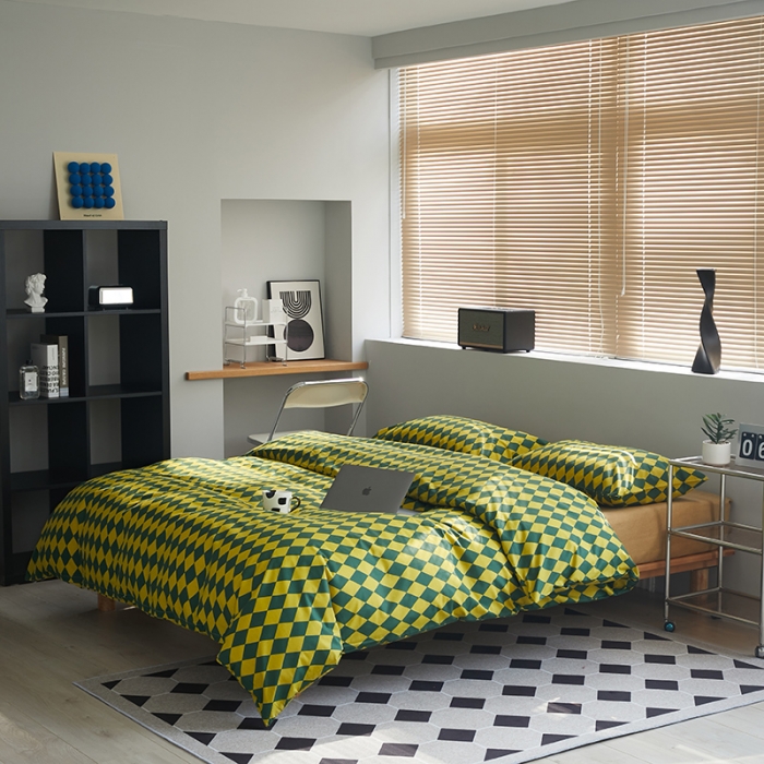 91家纺网 家纺一手货源 找家纺 怡家居 2022新款全棉棋盘格混搭四件套 菱格黄绿