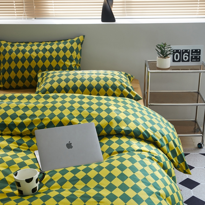 91家纺网 家纺一手货源 找家纺 怡家居 2022新款全棉棋盘格混搭四件套 菱格黄绿