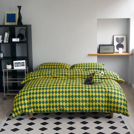 怡家居 2022新款全棉棋盘格混搭四件套 菱格黄绿