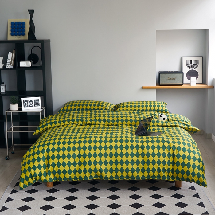 91家纺网 家纺一手货源 找家纺 怡家居 2022新款全棉棋盘格混搭四件套 菱格黄绿