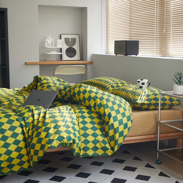 91家纺网 家纺一手货源 找家纺 怡家居 2022新款全棉棋盘格混搭四件套 菱格黄绿