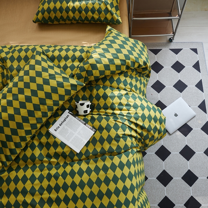 91家纺网 家纺一手货源 找家纺 怡家居 2022新款全棉棋盘格混搭四件套 菱格黄绿