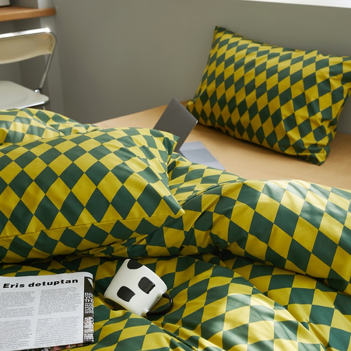 91家纺网 家纺一手货源 找家纺 怡家居 2022新款全棉棋盘格混搭四件套 菱格黄绿