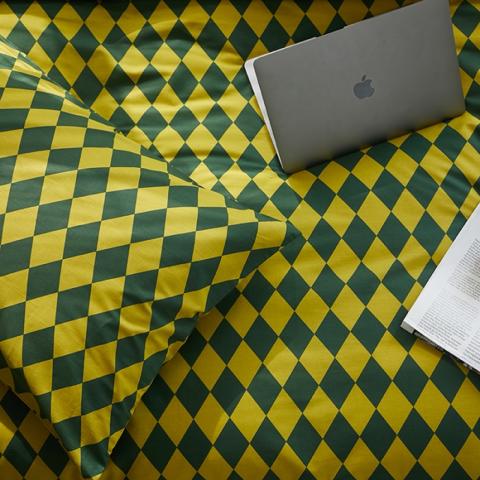 91家纺网 家纺一手货源 找家纺 怡家居 2022新款全棉棋盘格混搭四件套 菱格黄绿