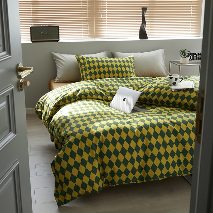 91家纺网 家纺一手货源 找家纺 怡家居 2022新款全棉棋盘格混搭四件套 菱格黄绿