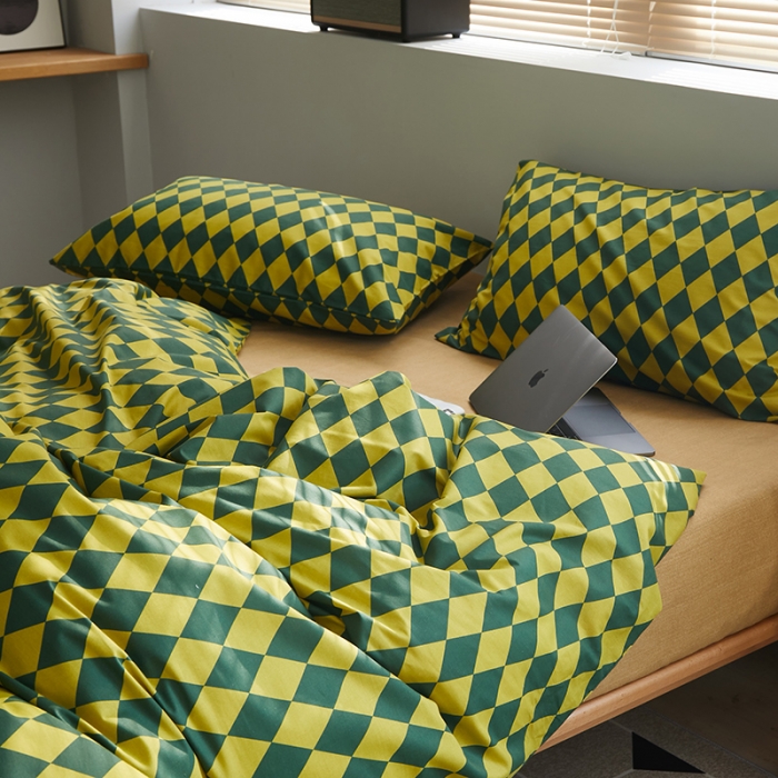 91家纺网 家纺一手货源 找家纺 怡家居 2022新款全棉棋盘格混搭四件套 菱格黄绿