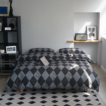 怡家居 2022新款全棉棋盘格混搭四件套 菱格灰黑