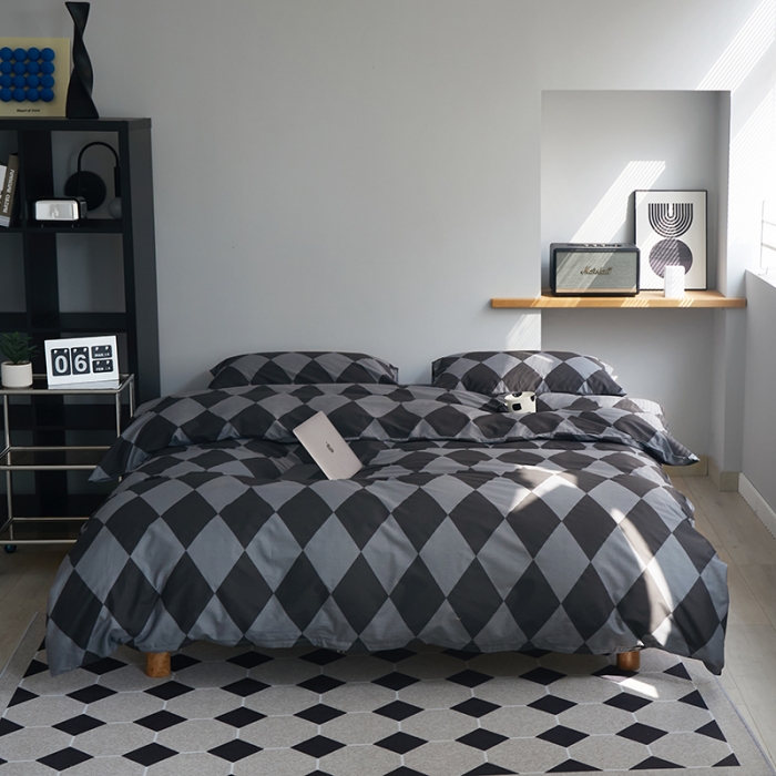 91家纺网 家纺一手货源 找家纺 怡家居 2022新款全棉棋盘格混搭四件套 菱格灰黑