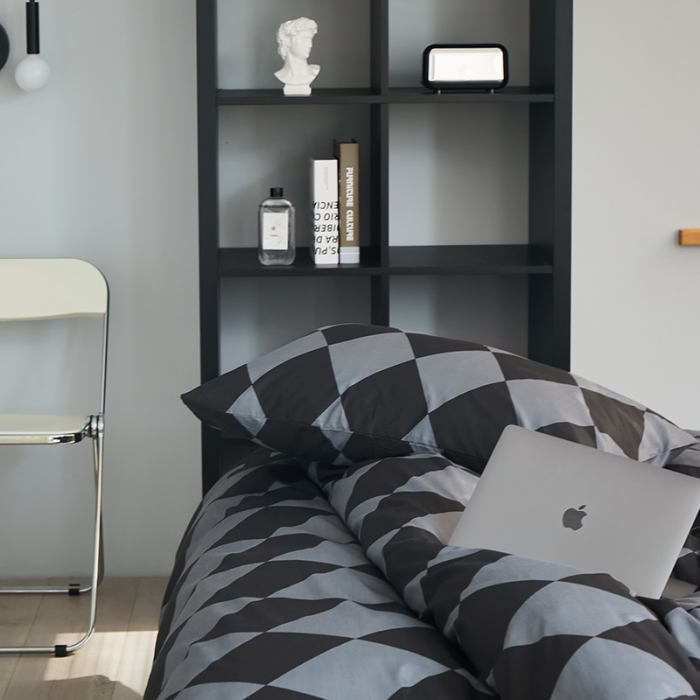 91家纺网 家纺一手货源 找家纺 怡家居 2022新款全棉棋盘格混搭四件套 菱格灰黑