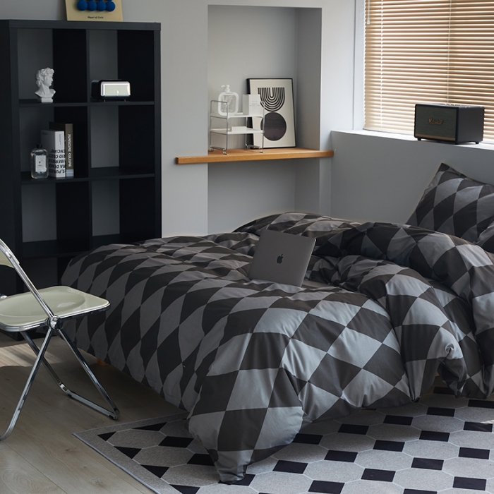 91家纺网 家纺一手货源 找家纺 怡家居 2022新款全棉棋盘格混搭四件套 菱格灰黑