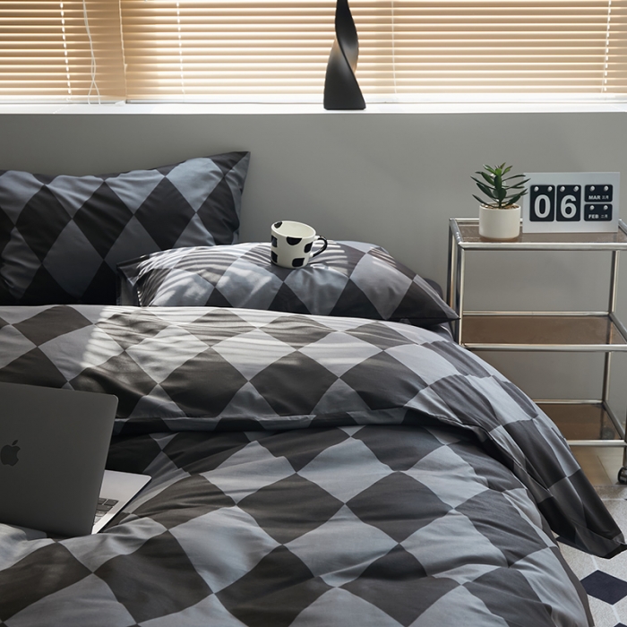 91家纺网 家纺一手货源 找家纺 怡家居 2022新款全棉棋盘格混搭四件套 菱格灰黑