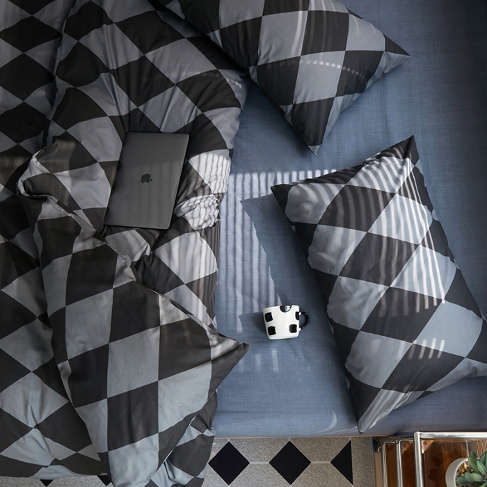 91家纺网 家纺一手货源 找家纺 怡家居 2022新款全棉棋盘格混搭四件套 菱格灰黑