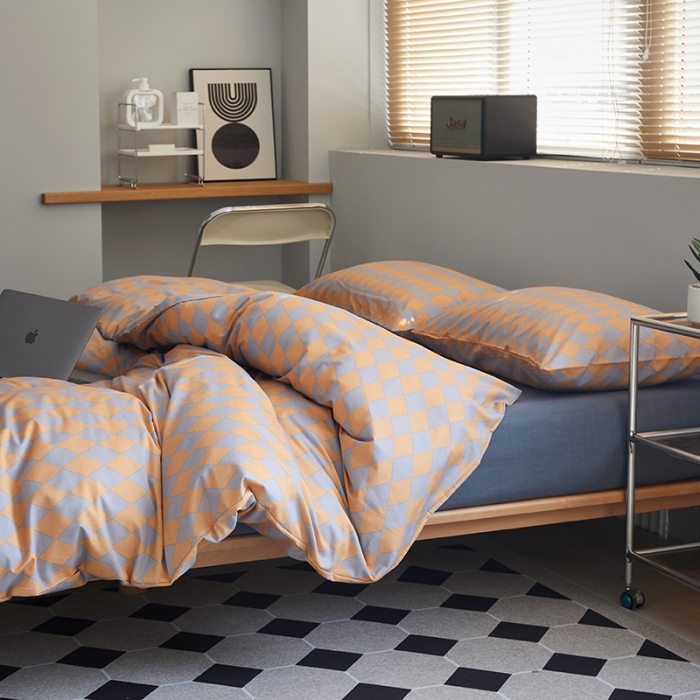 91家纺网 家纺一手货源 找家纺 怡家居 2022新款全棉棋盘格混搭四件套 菱格灰桔