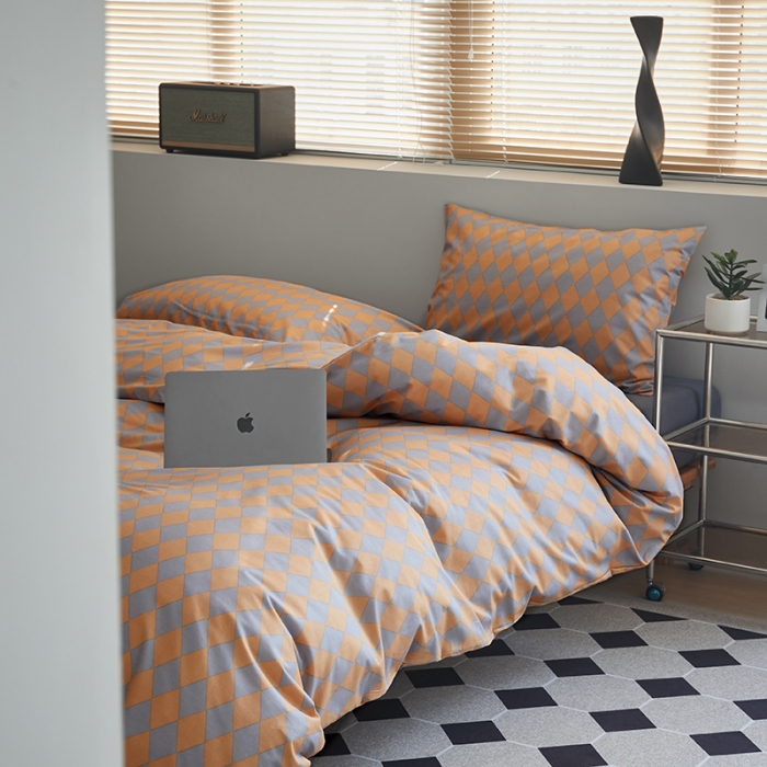 91家纺网 家纺一手货源 找家纺 怡家居 2022新款全棉棋盘格混搭四件套 菱格灰桔