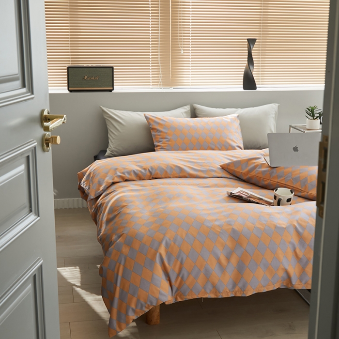 91家纺网 家纺一手货源 找家纺 怡家居 2022新款全棉棋盘格混搭四件套 菱格灰桔