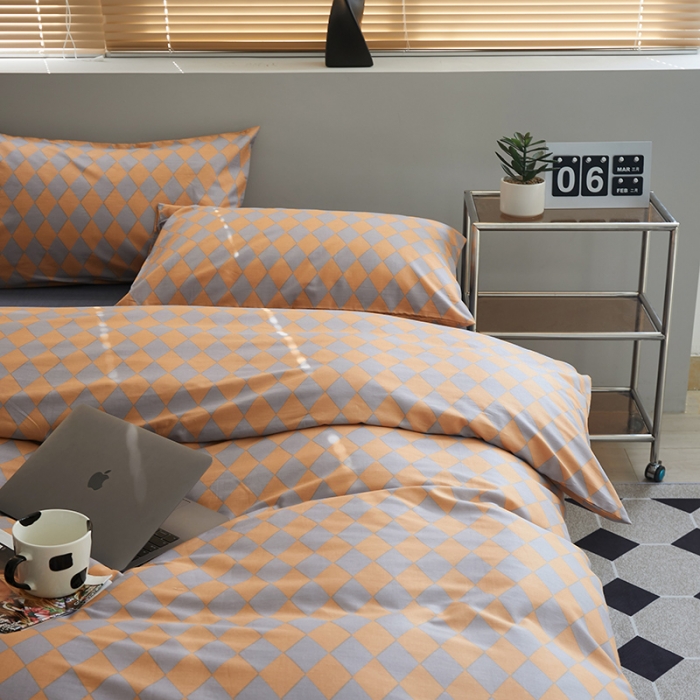 91家纺网 家纺一手货源 找家纺 怡家居 2022新款全棉棋盘格混搭四件套 菱格灰桔