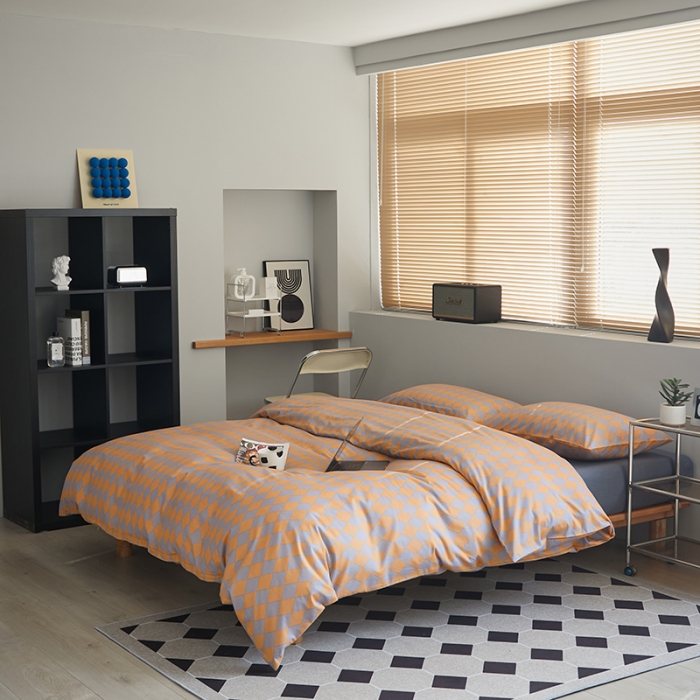 91家纺网 家纺一手货源 找家纺 怡家居 2022新款全棉棋盘格混搭四件套 菱格灰桔