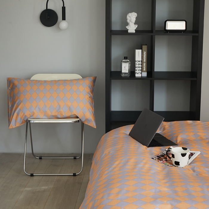 91家纺网 家纺一手货源 找家纺 怡家居 2022新款全棉棋盘格混搭四件套 菱格灰桔