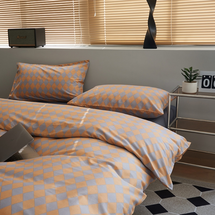 91家纺网 家纺一手货源 找家纺 怡家居 2022新款全棉棋盘格混搭四件套 菱格灰桔