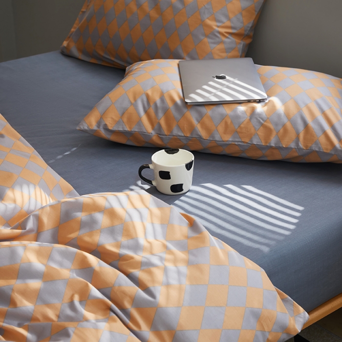 91家纺网 家纺一手货源 找家纺 怡家居 2022新款全棉棋盘格混搭四件套 菱格灰桔