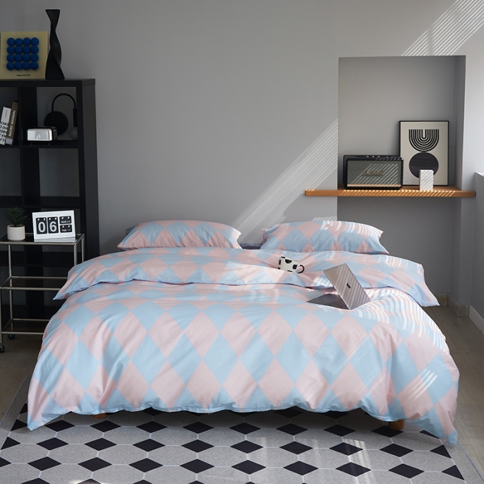 91家纺网 家纺一手货源 找家纺 怡家居 2022新款全棉棋盘格混搭四件套 菱格蓝粉